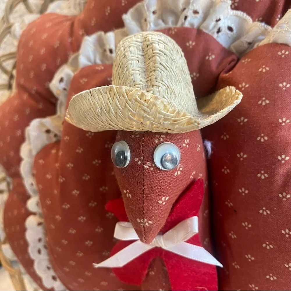 Vintage 80s Quilted Thanksgiving Turkey 3D Door Wreath 16”